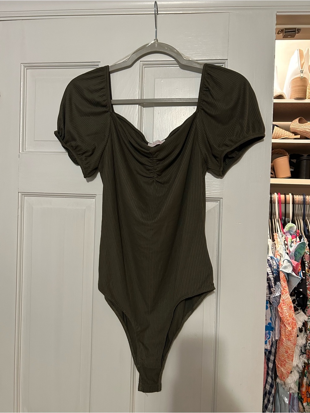 Pink Lily Olive Ribbed Bodysuit with Scoop Neck